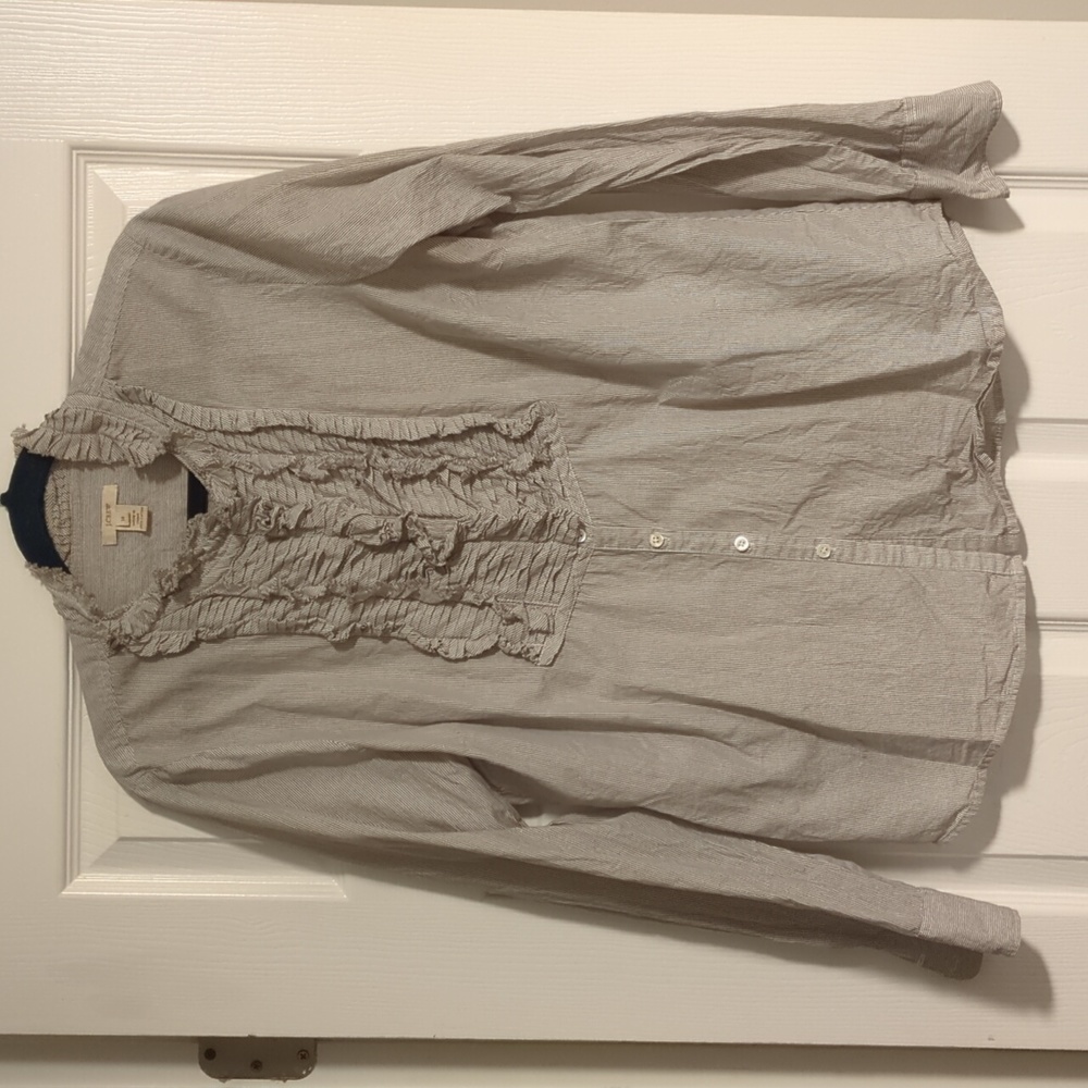 Lightly worn size 14 JCrew tuxedo blouse, gray & white stripes